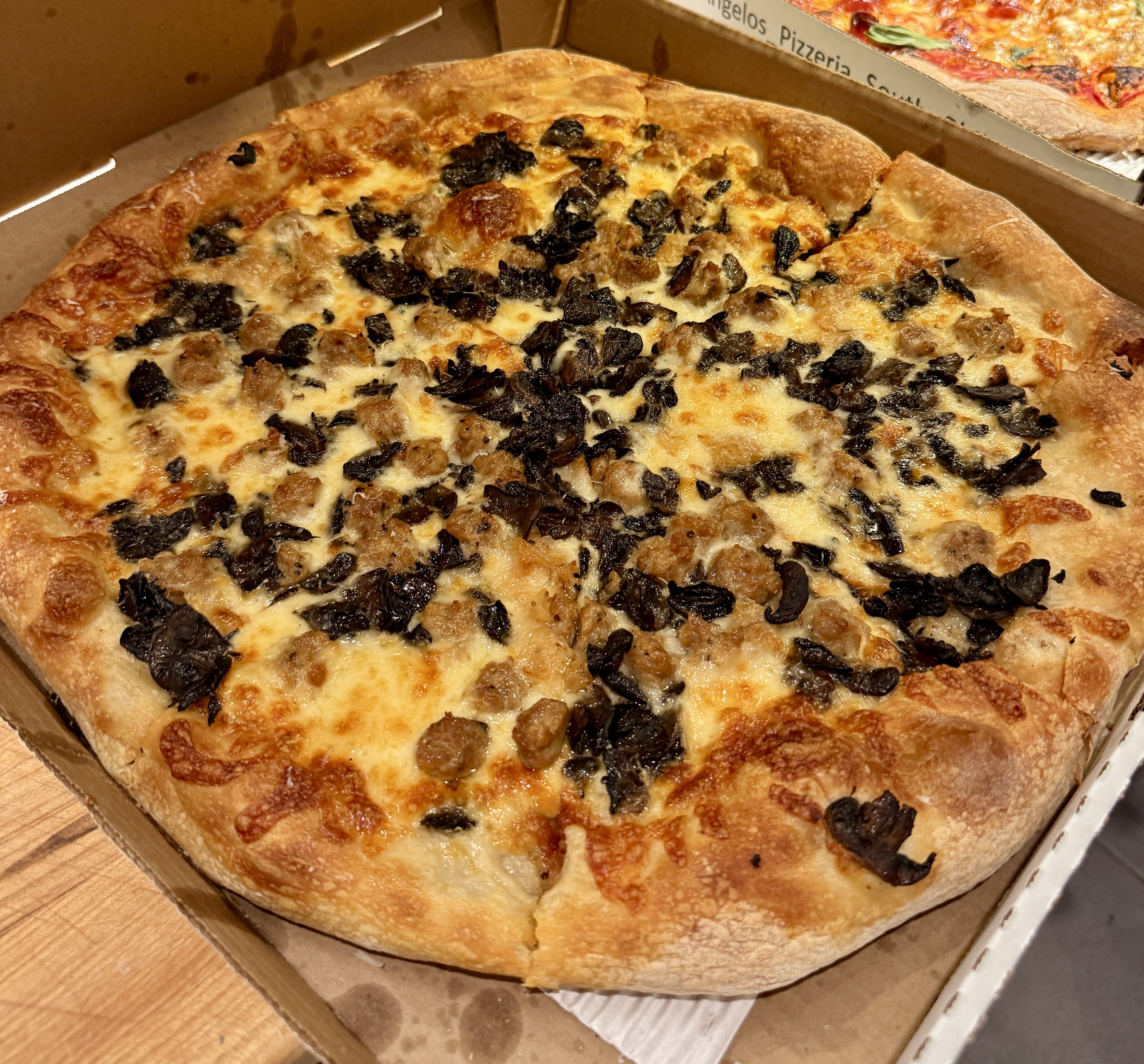 White fungi and sausage pizza at Angelos Philadelphia