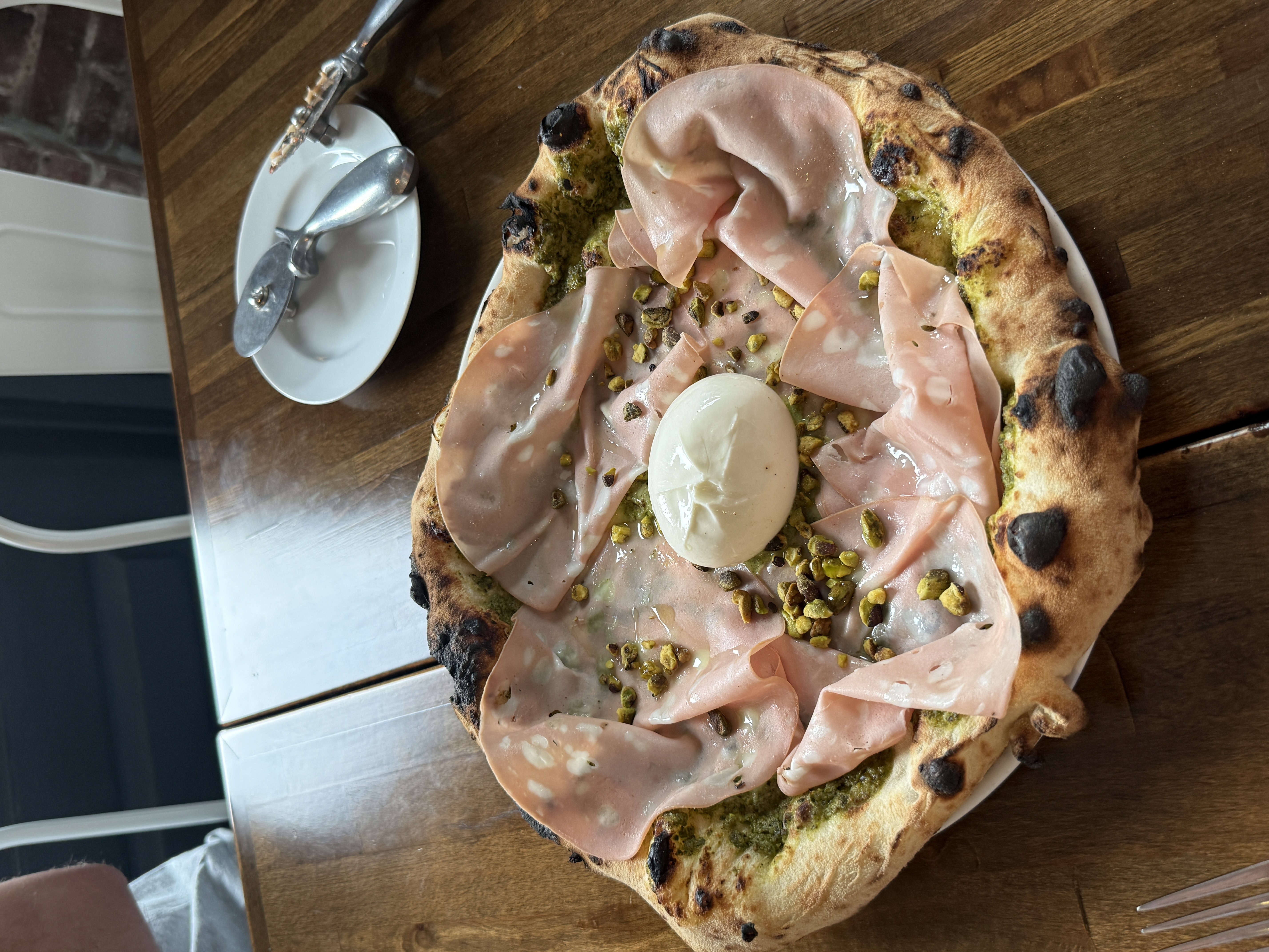 Bronte pizza at Sorellina — pistachio pesto, mortadella, burrata